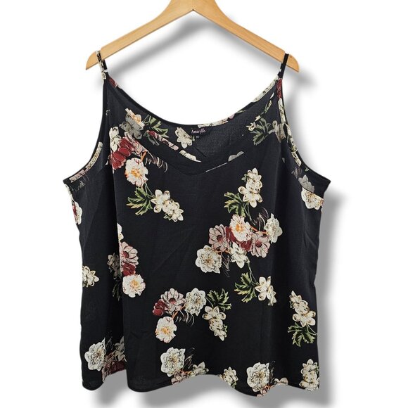 Amaryllis Tank Top 3X Dark Floral Sleeveless Black Cream Red Mesh Lightweight - Picture 1 of 8